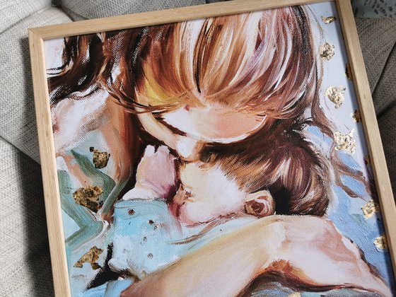 Hugs painting, Framed wall Print, Baby Hugs, Motherhood painting