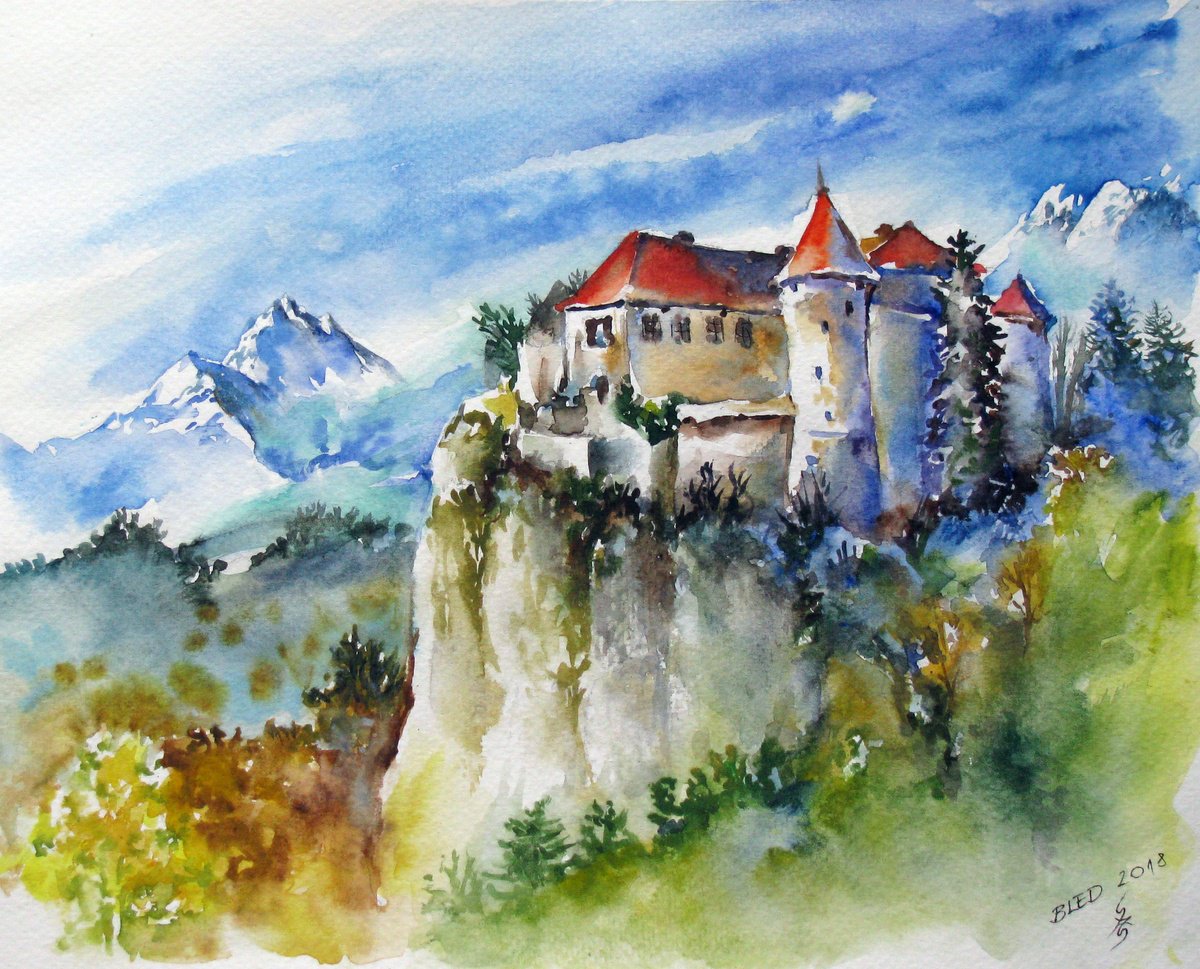 Impressionistic Cityscapes Watercolour By Szekelyhidi Zsolt, 12 X 9", Bled Castle In Slovenia, Original Artwork