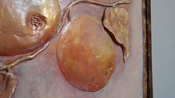 "Golden apples" - paper clay on carton board, one-of-a-kind bas-relief (22,5x18,5x1")