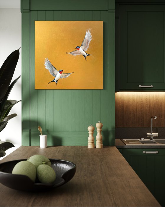 Two Swallows on Gold