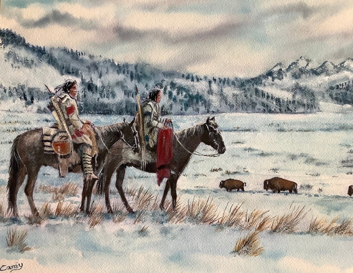 Impressionistic Landscape Watercolour By Darren Carey, 15 X 11, Winter Buffalo Hunt, Original Artwork