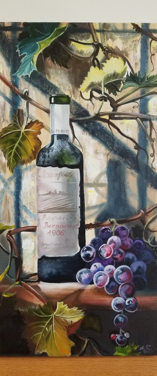 Wine, grapes, grapevine and Italian sun. Original Oil Painting on Canvas. Italian Still life. Italian Landscape Room accent. Summer painting. by Alexandra Tomorskaya/Caramel Art Gallery