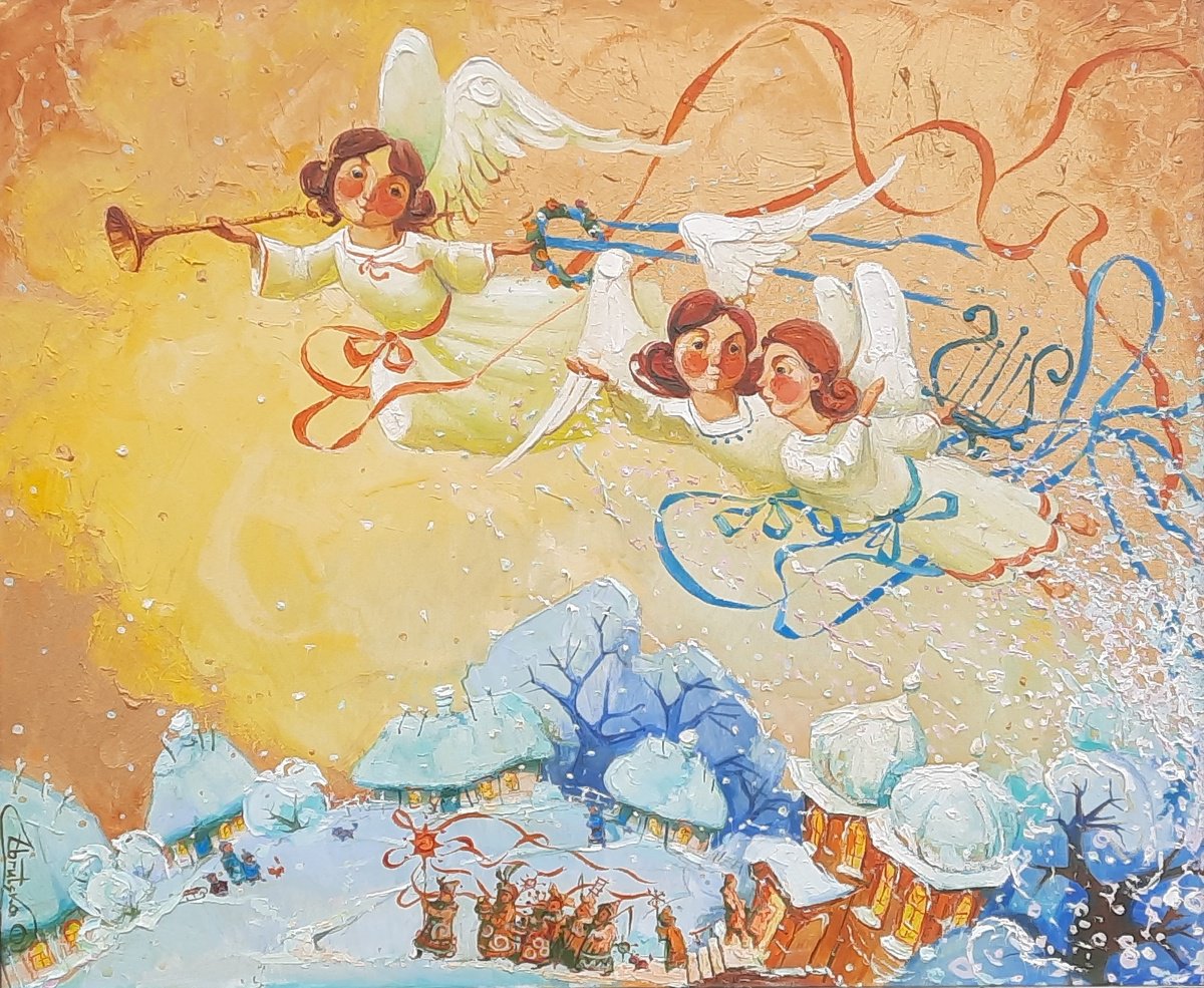 Naive Landscape Oil Painting By Oksana Zbrutska, 24 X 20", "On Christmas Night", Original Artwork