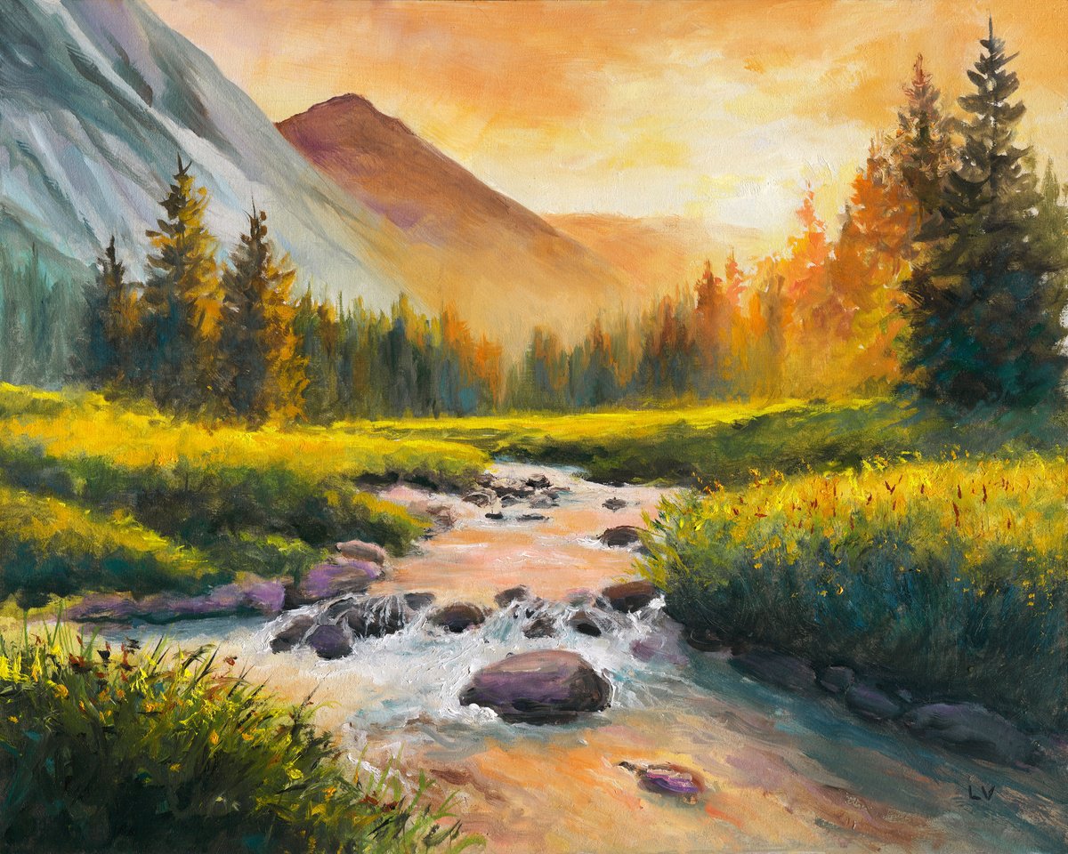 Pine Trees By The River Sunset By Lucia Verdejo, 11 X 9, Artwork For Sale On Artfinder