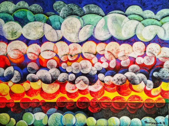 Unique sunset (60x80cm, cubism, oil painting, ready to hang)