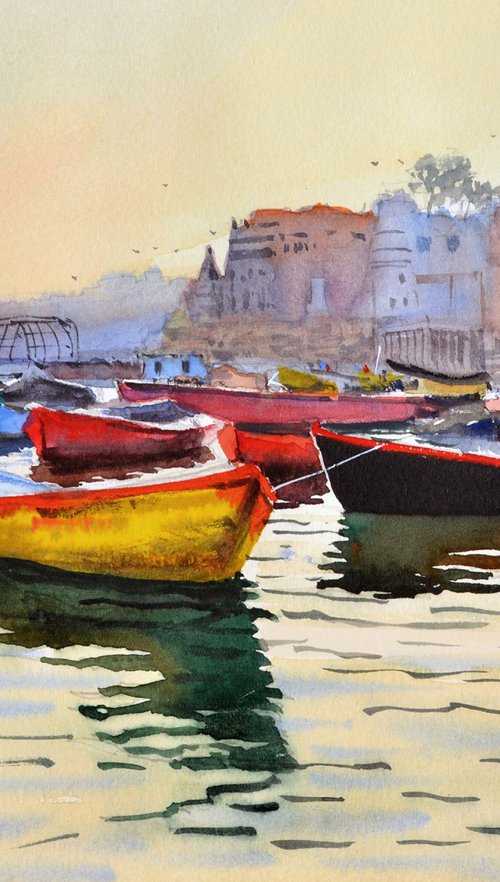 Boats at twilight, Varanasi by Ramesh Jhawar