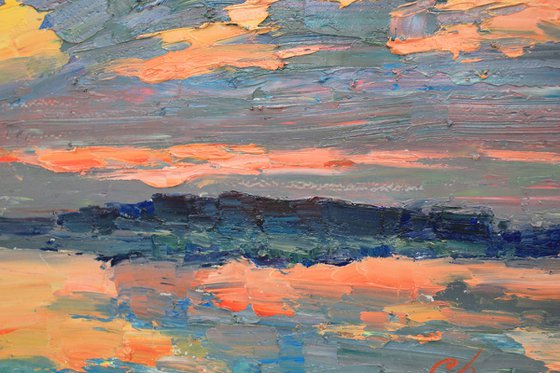 Sunset art, Landscape painting, Riverscape, Oil Painting Original, Nature, One of a kind, Wall art home decor, Impressionist art