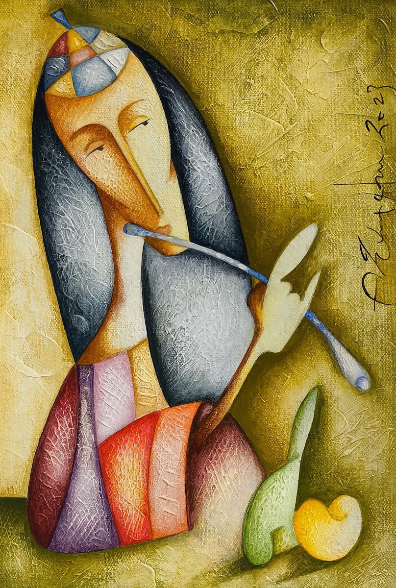 Naive Portrait Oil Painting By Sargis Zakarian, 9 X 13", Thoughts Of Loneliness, Original Artwork