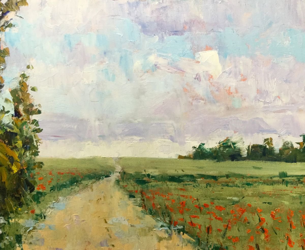 Poppies and moody sky by Jean David