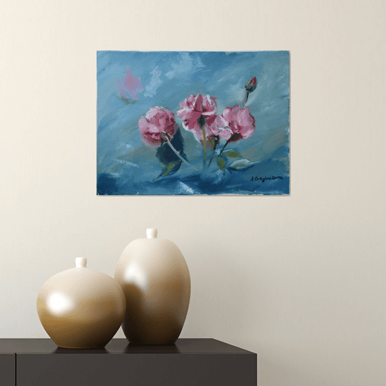 Original oil painting Roses on the marine background flowers Roses Art Home Decoration blue turquoise pink Roses Love Inspiration impressionism Garden Wall Art Rose Garden botanical