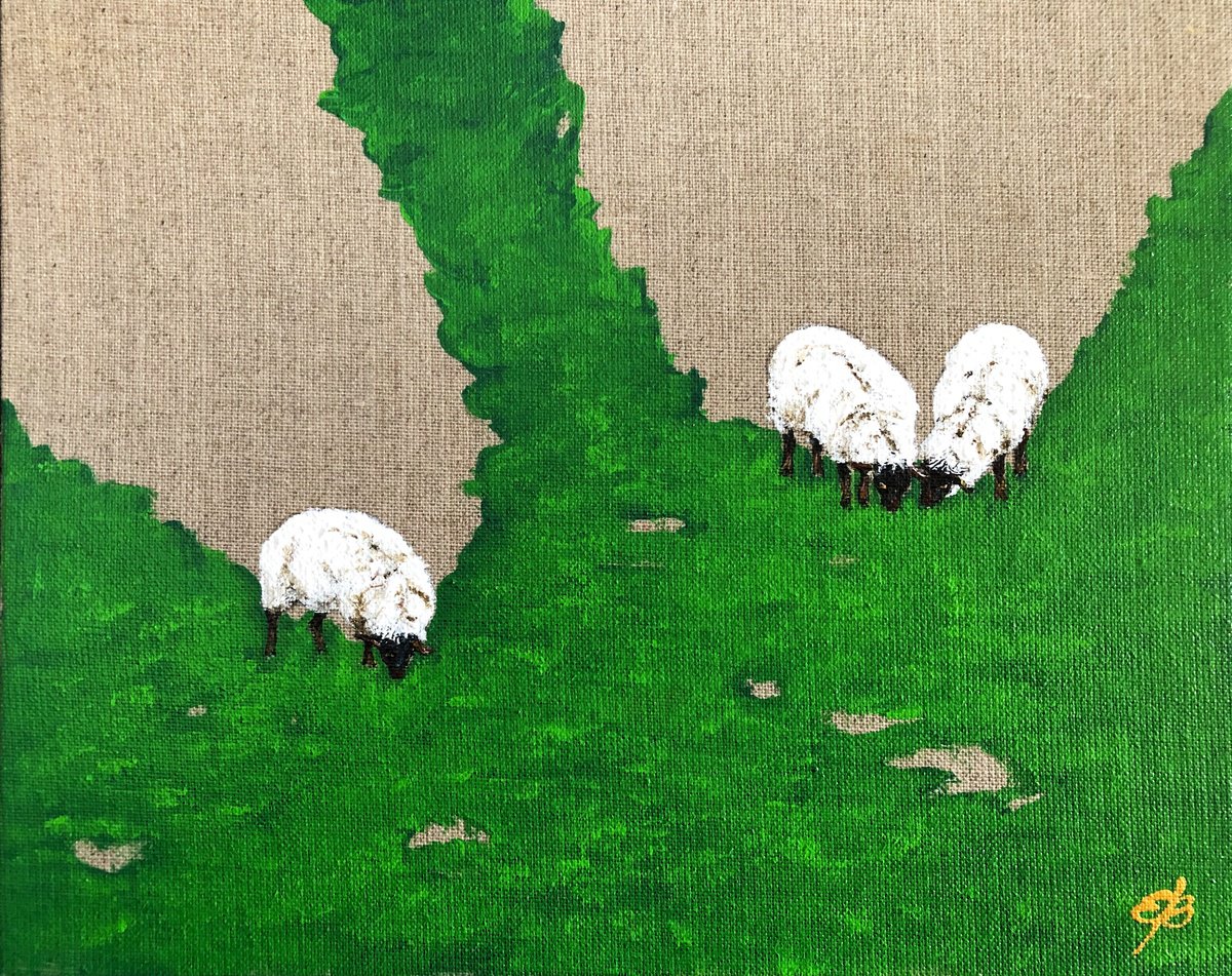 Expressive Animal Acrylic Painting By Lena Smirnova, 13 X 10", Three Baas, Original Artwork