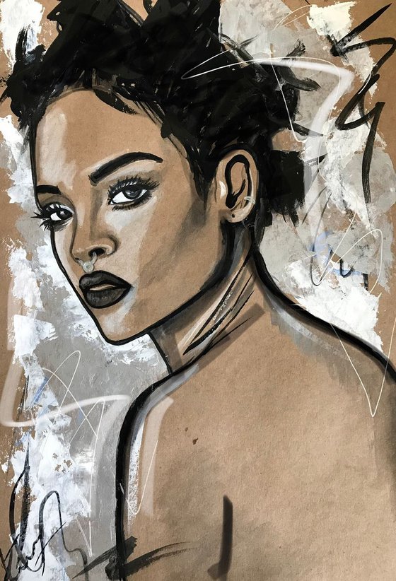 Original acrylic artwork, painting of Rihanna on craft paper