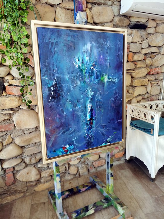 Framed blue enigmatic ghostly pot with flowers unique painting by O KLOSKA