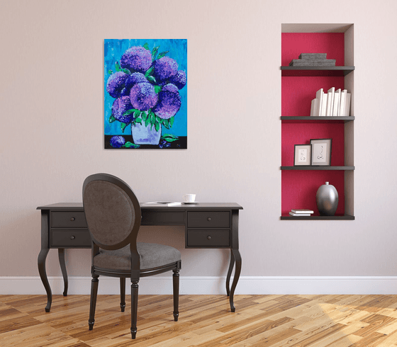 BOUQUET OF Purple and Pink  hydrangea on turquoise in a white vase palette  knife Original Acrylic painting office home decor gift