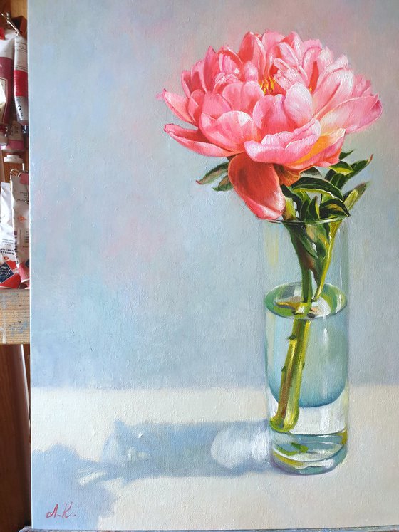 "Coral flashes. " peonies  flower  liGHt original painting  GIFT (2021)