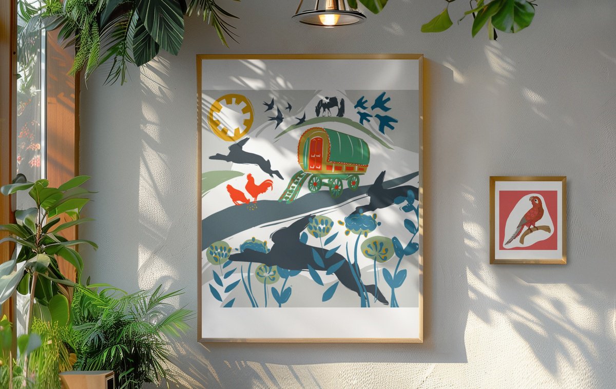 Landscape Giclee Print By Emma Evans-Freke, 17 X 23, Wagon And Hares, Original Artwork