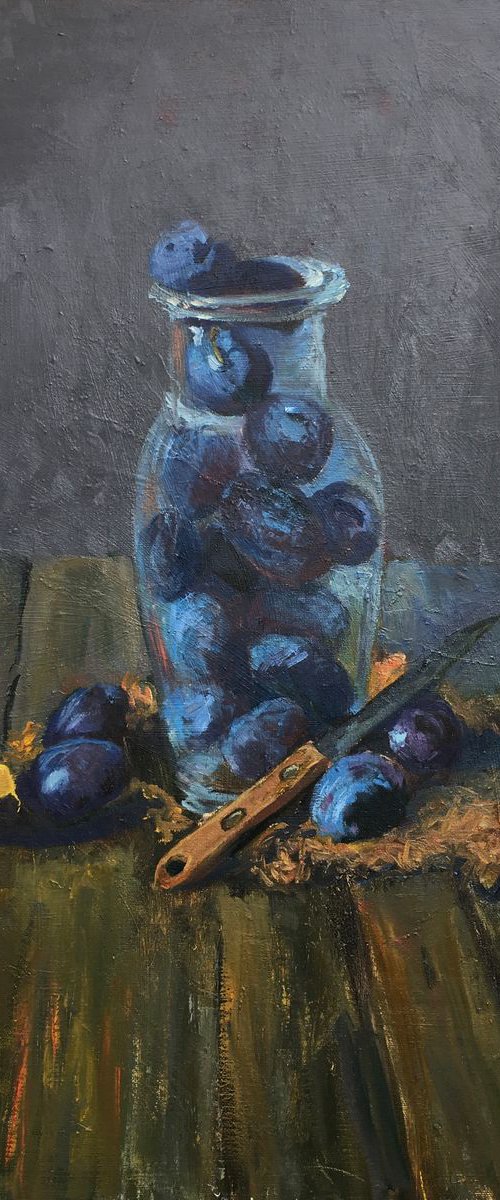 Plums oil painting, still life, Israeli Art by Leo Khomich