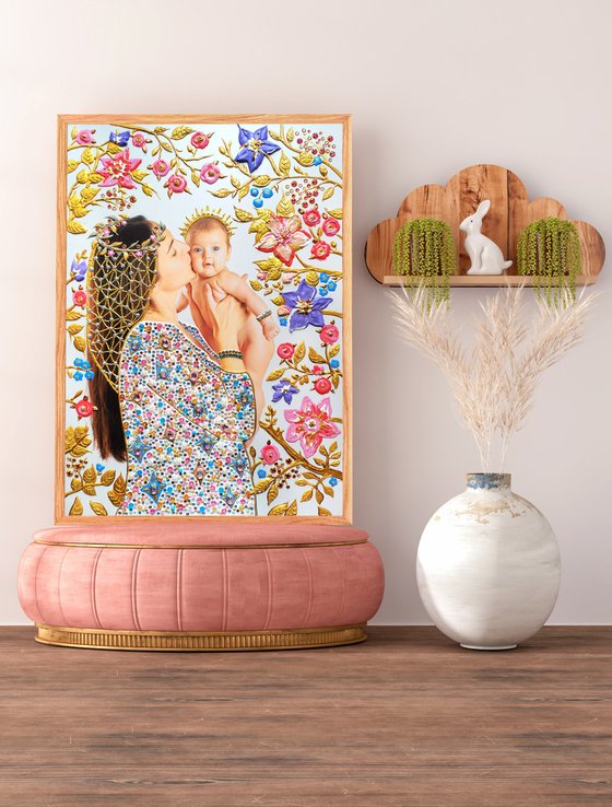 Custom fantasy portrait from a photo Mother and child in fairy garden. Art commission Large painting, mixed media photo collage with precious stones, rhinestones