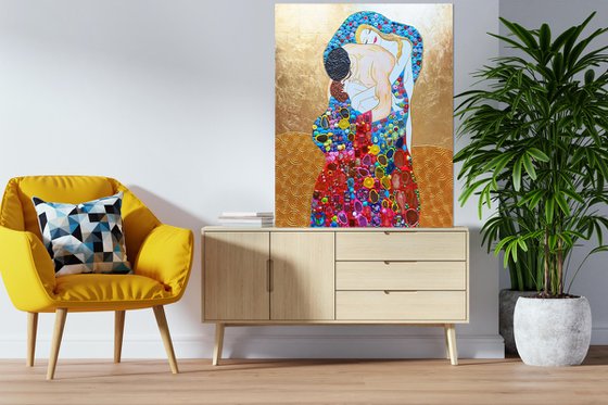 Set of 2 LARGE paintings 160x100 cm / 40x63 inches Gustav Klimt Mother and Child & Family GEMSTONES and mosaic wall art