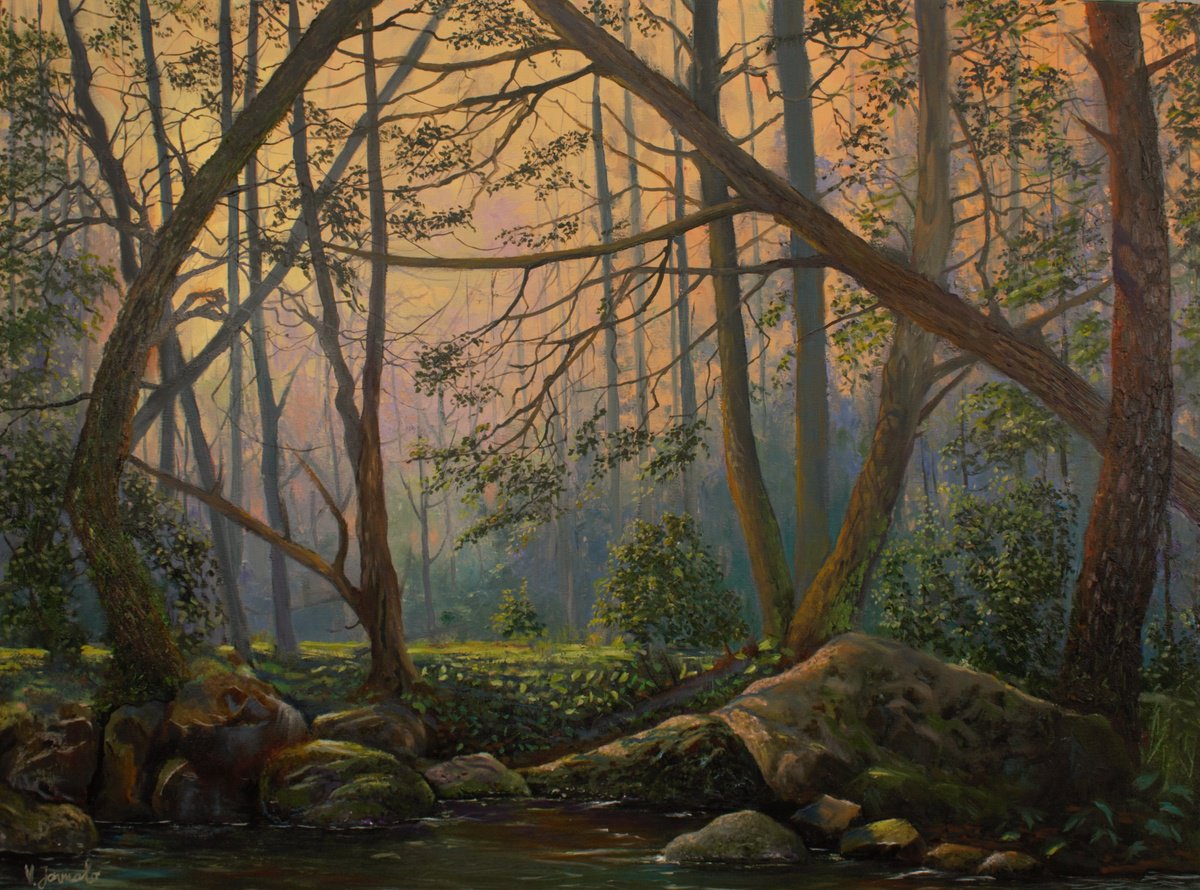 Impressionistic Landscape Oil Painting By Vladimir Jarmolo, 31 X 24", Wonderful Forest, Original Artwork