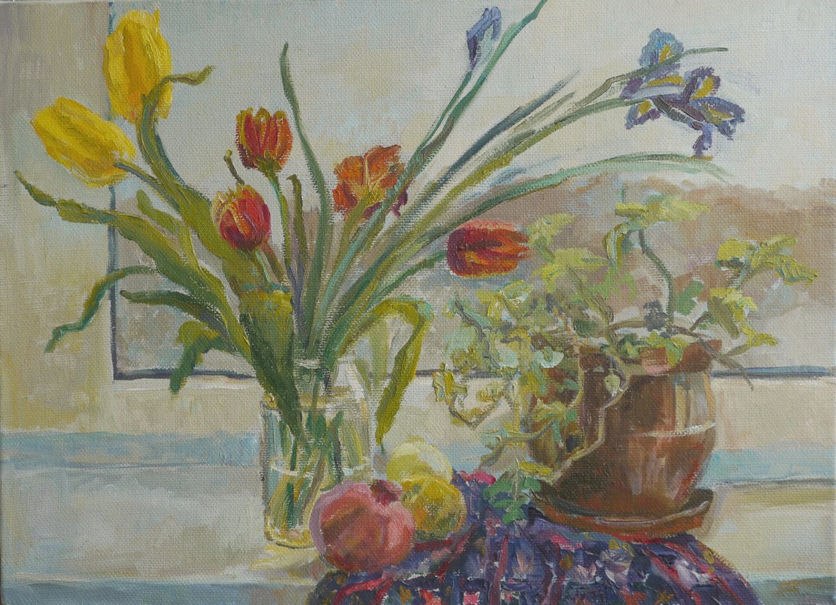 Impressionistic Still Life Oil Painting By Elena Lykhodid, 22 X 16, Still Life On The Windowsill, Original Artwork