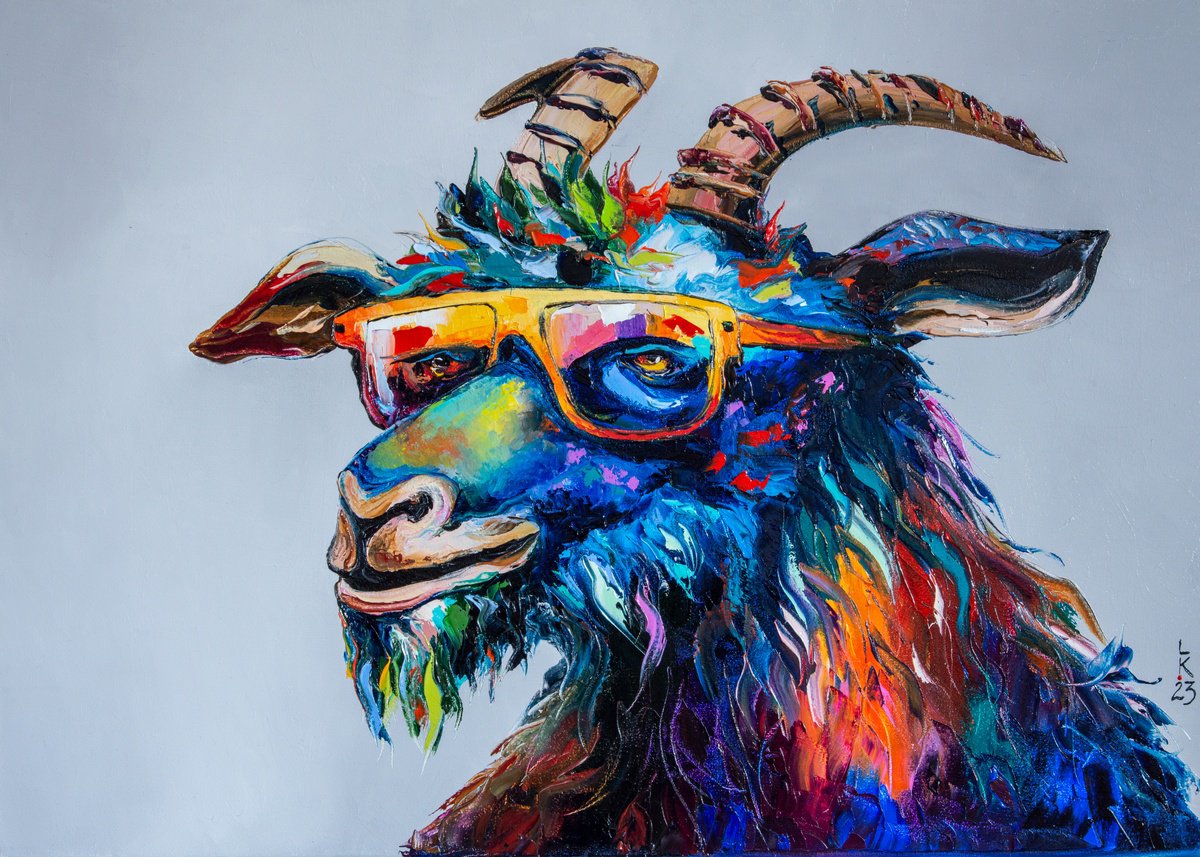 Animal Oil Painting By Liubov Kuptsova, 28 X 20", Goat In Sunglasses, Original Artwork