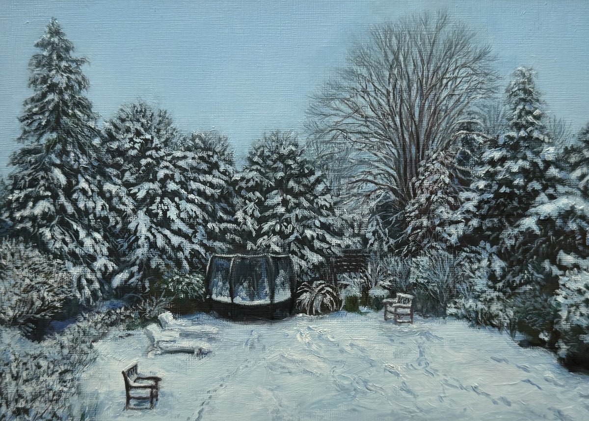 Impressionistic Landscape Oil Painting By Diana Sandetskaya, 11 X 7, Snow Morning In The Garden, Original Artwork
