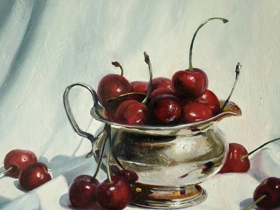 "Cherry flavor. "  still life summer plant cherries red  liGHt original painting  GIFT (2021))