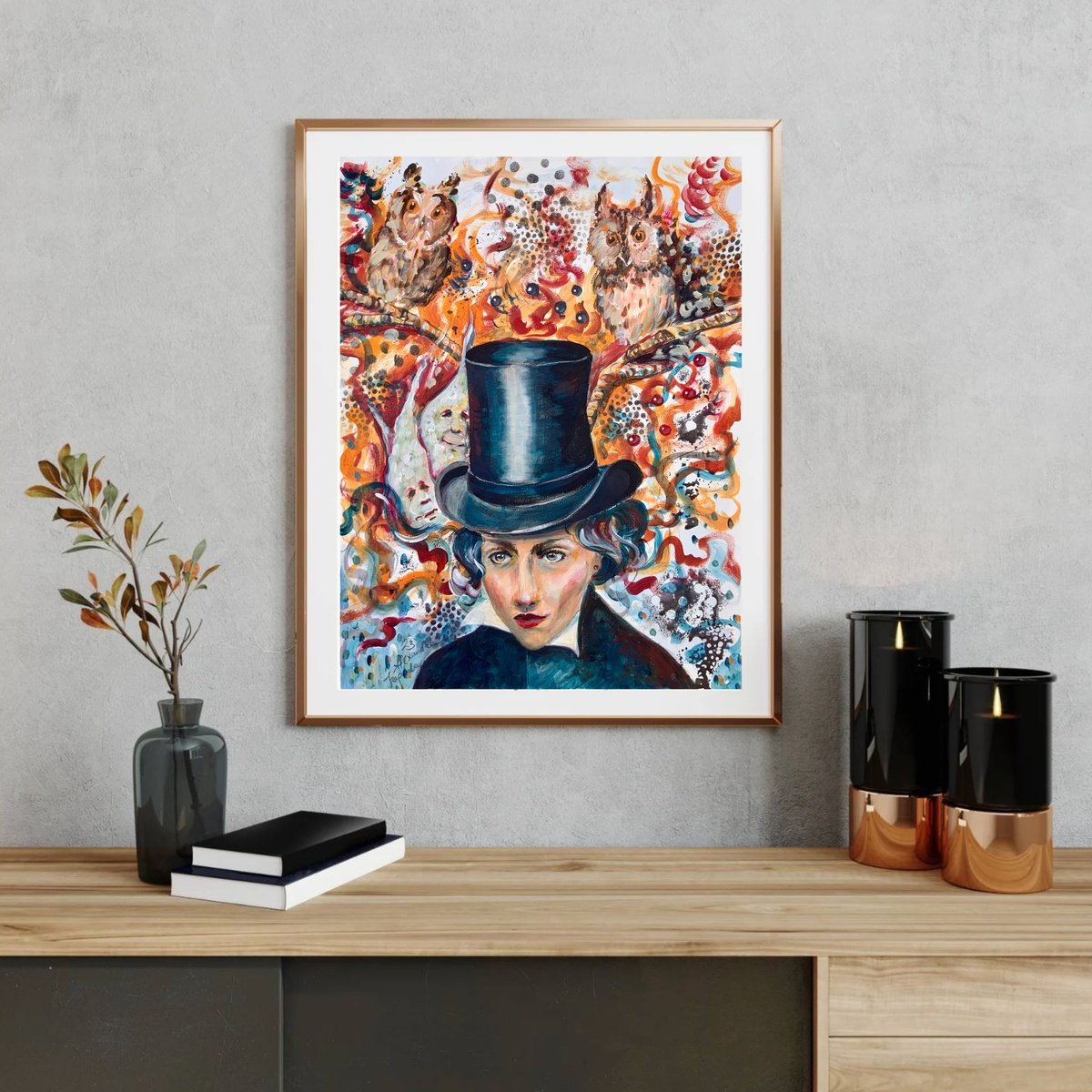 Surrealistic Portrait Acrylic Painting By Alexandra Jagoda (Ovcharenko), 20 X 26, Whispers Of The Owls, Original Artwork