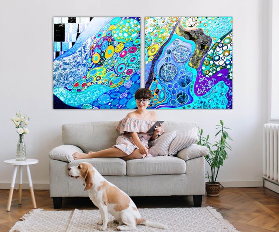 2 pieces 200х100 cm Abstract painting. Turquoise blue Large wall art relief Klimt inspired diptych