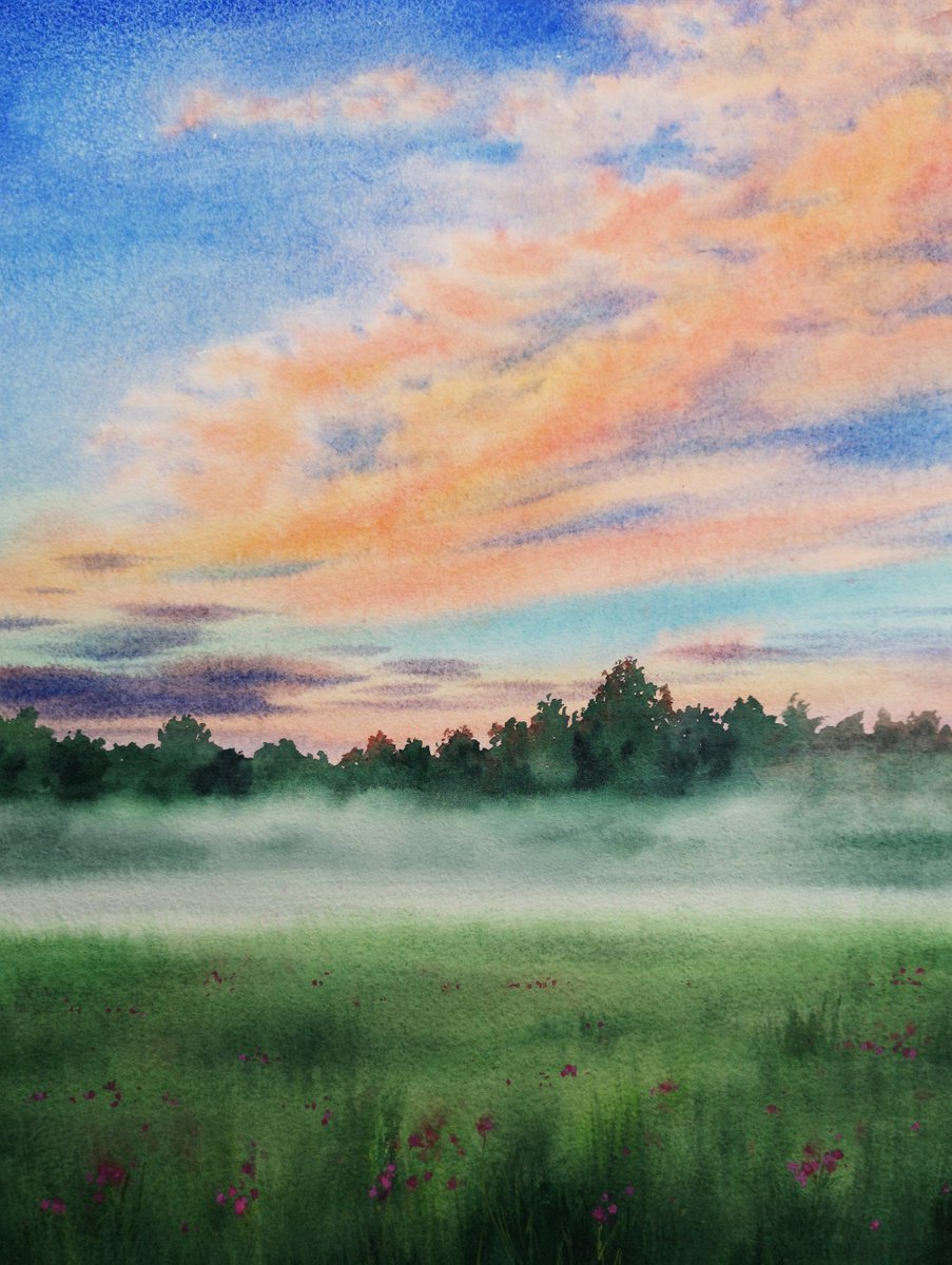 Mist on the Meadow - Misty Meadow - Meadow in the fog - Foggy Morning summer landscape - by Olga Beliaeva Watercolour