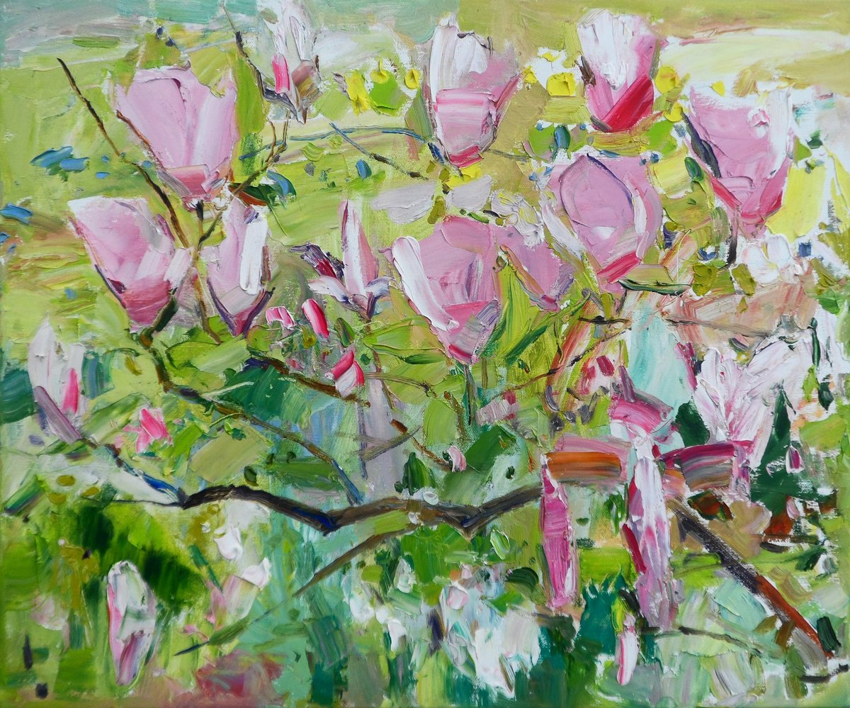 Impressionistic Landscape Oil Painting By Yehor Dulin, 24 X 20", Magnolia Blossoms, Original Artwork