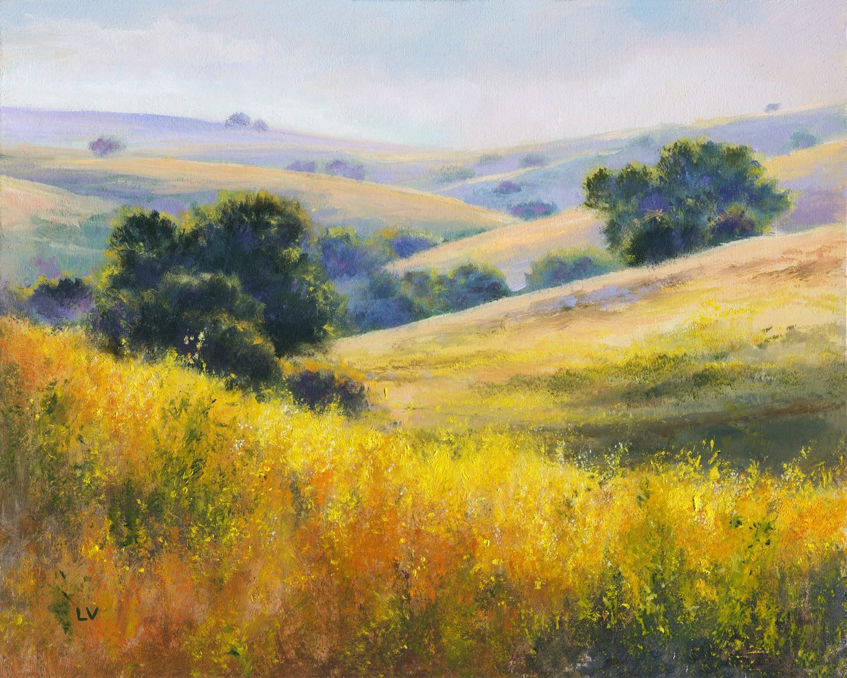 Impressionistic Landscape Oil Painting By Lucia Verdejo, 11 X 9", Sunny Hills With Yellow Flowers, Original Artwork