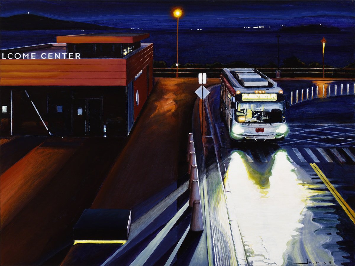 Urban And Pop Cityscapes Acrylic Painting By Alex Nizovsky, 40 X 30, Nocturne #10 / Welcome Center, Original Artwork