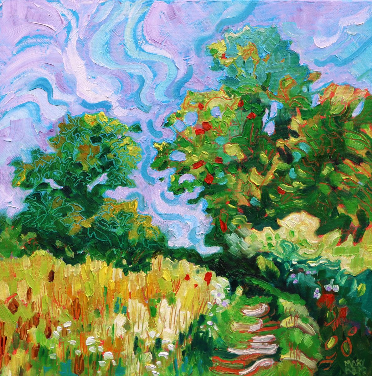 Impressionistic Landscape Oil Painting By Mary Kemp, 12 X 12", Country Track Landscape, Original Artwork
