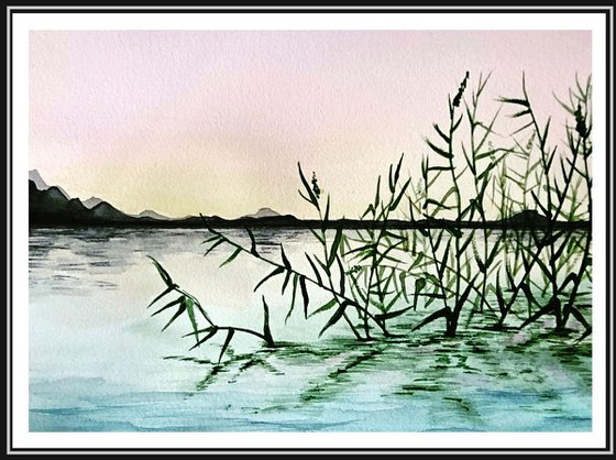 Lake. Watercolor painting on paper. Landscape. Original artwork