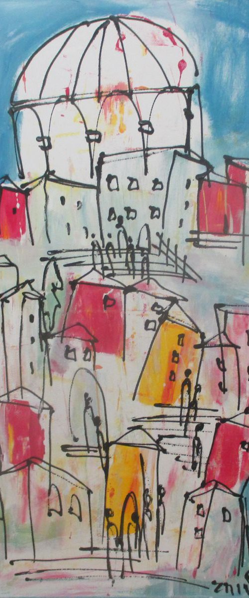 mediterrean blue city xl Acrylpainting  19,7 x 39,4inch by Sonja Zeltner-Müller