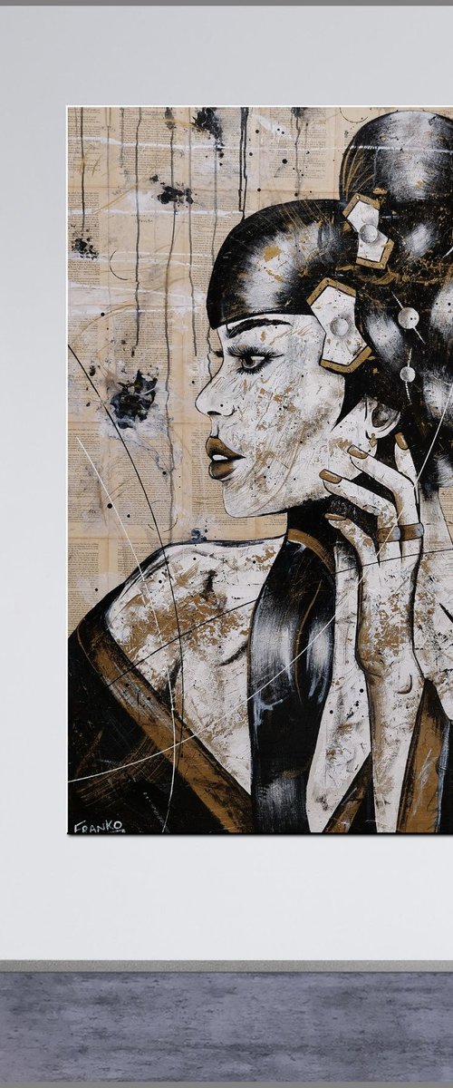 Golden Silk With Geisha 120cm x 150cm Geisha Book Page Urban Pop Art by Franko