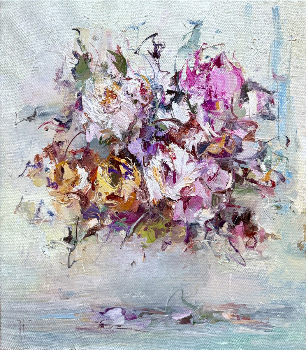 Impressionistic Botanical Oil Painting By Hennadii Penskyi, 14 X 16, Fleeting Blossoms, Original Artwork