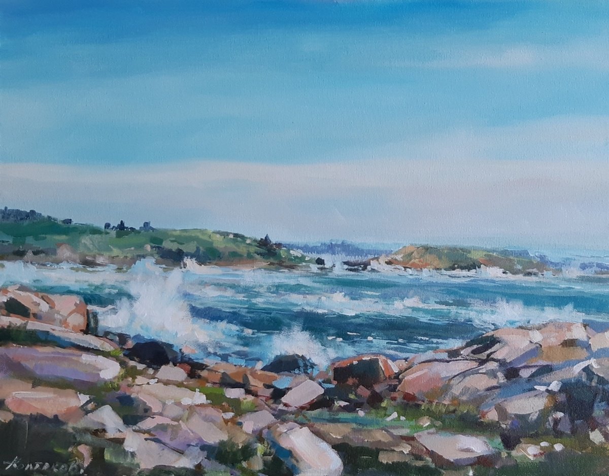 Impressionistic Landscape Acrylic Painting By Alexander Koltakov, 18 X 14, Seascape (Plein Air), Original Artwork