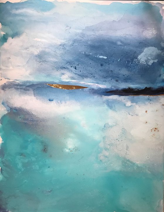 Abstract blue turquoise beach painting atmospheric impressionistic soft tones seascape with gold leaf "Serenity5”