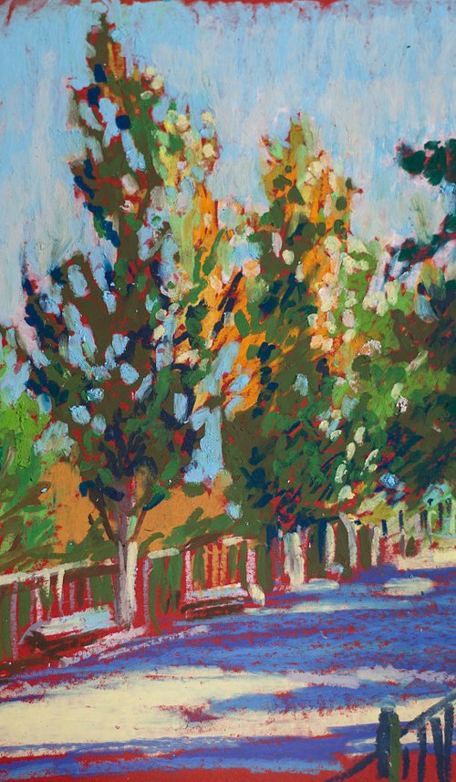 Autumn is coming. Evening plain air in the park. Oil pastel painting. Small original colorful fall home decor interior street park trees fall colors by Sasha Romm