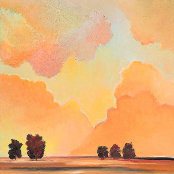 Horizont with Red Trees. Large painting, 36" x 36".