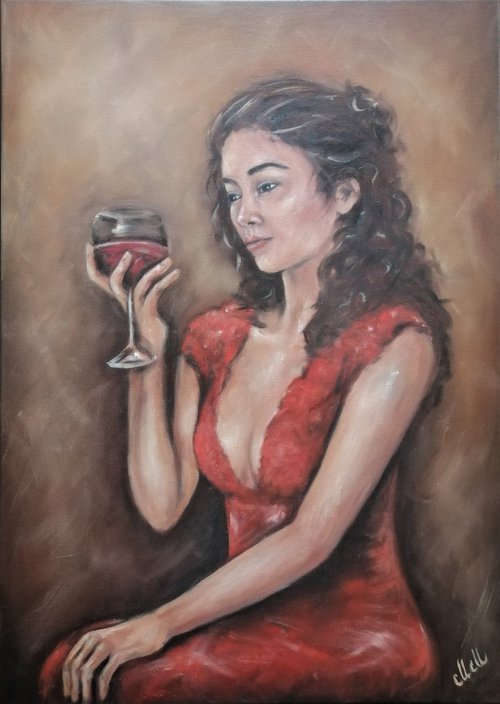 Beauty in red - original erotic oil on canvas painting by Mateja Marinko