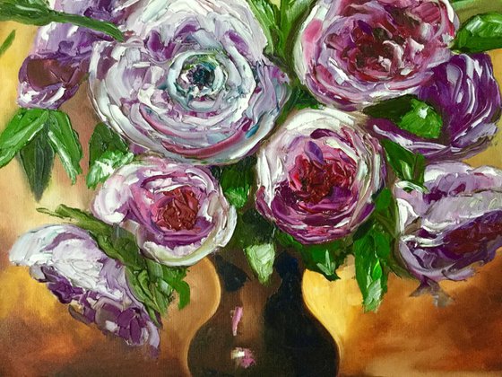 BOUQUET OF PURPLE ROSES palette knife modern red pink purple  still life  flowers Dutch style office home decor gift