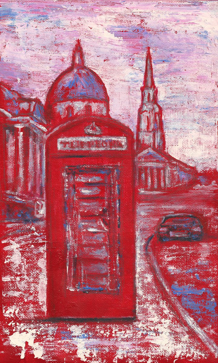 Impressionistic Cityscapes Acrylic Painting By Denys Kuvaiev, 6 X 11, Telephone On Trafalgar Square In London, Original Artwork