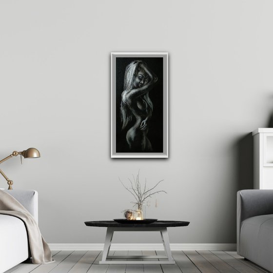 Erotic Art Naked Woman Black and Silver Decor