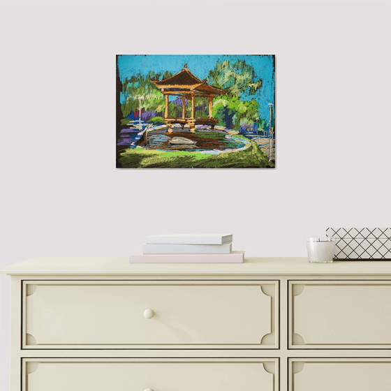 Pagoda. Japanese garden. Sunny urban natural impressionistic landscape. Medium size oil pastel impressionistic interior painting travel decor Spain Madrid