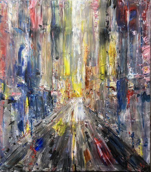BIG CITY LIGHTS, abstract impressionist painting 102x90 by Altin Furxhi