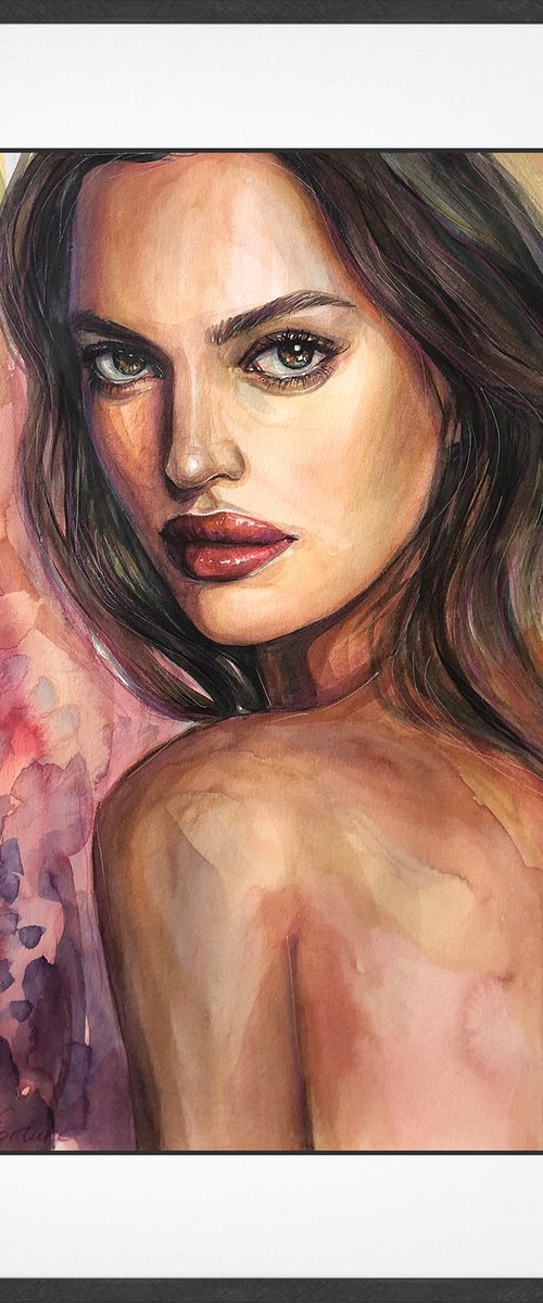 LOOKING BACK, Original Female Portrait Watercolor Painting by Nastia Fortune